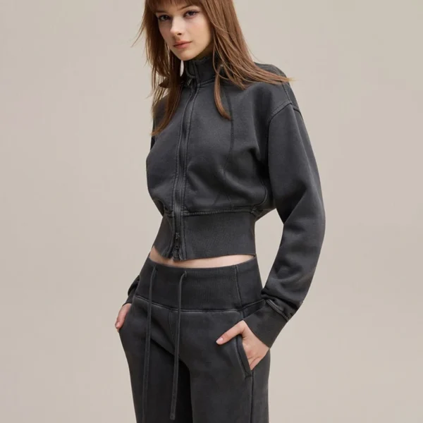 Dark Grey Acid Wash Cropped Zip Up Hoodie