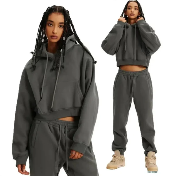 Womens Dark Grey Cropped Hoodie Tracksuit
