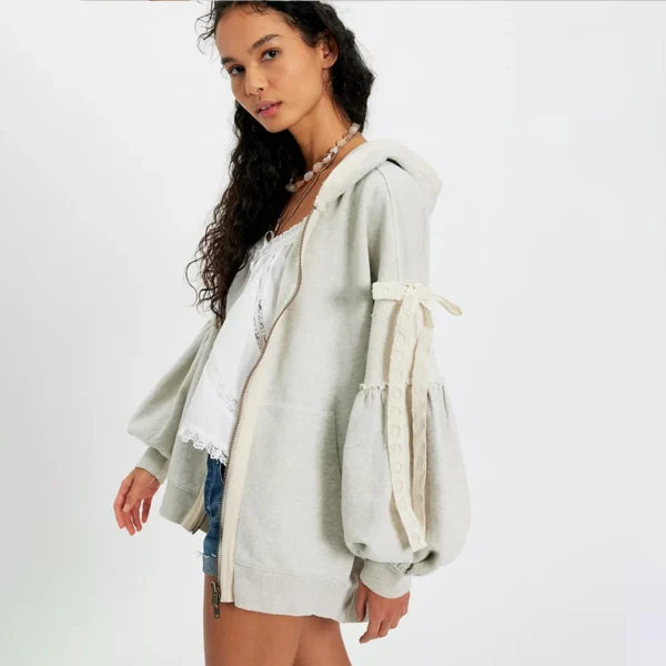 Heather Grey Lace-Up Balloon-Sleeve Zip-Up Hoodie