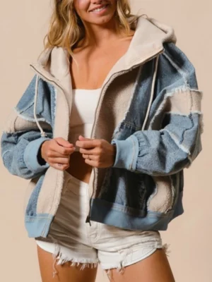 Denim Sherpa Hybrid Zip-Up Hoodie Jacket