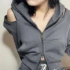 Grey Cropped Zip-Up Hoodie with Shoulder Cut-Outs Grey Cropped Zip-Up Hoodie with Shoulder Cut-Outs