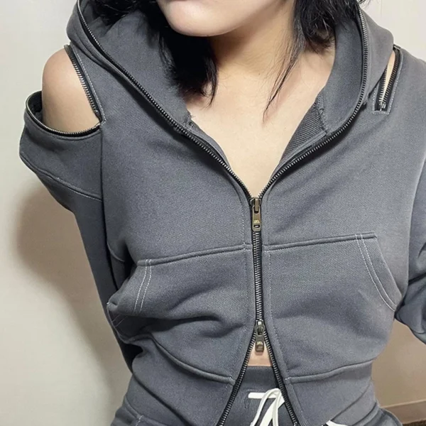 Grey Cropped Zip-Up Hoodie with Shoulder Cut-Outs Grey Cropped Zip-Up Hoodie with Shoulder Cut-Outs