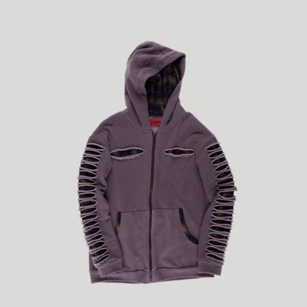 Purple Distressed Plaid-Lined Zip-Up Hoodie Purple Distressed Plaid-Lined Zip-Up Hoodie