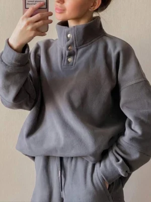White Grey Fleece Button Neck Oversized Tracksuit White Grey Fleece Button Neck Oversized Tracksuit