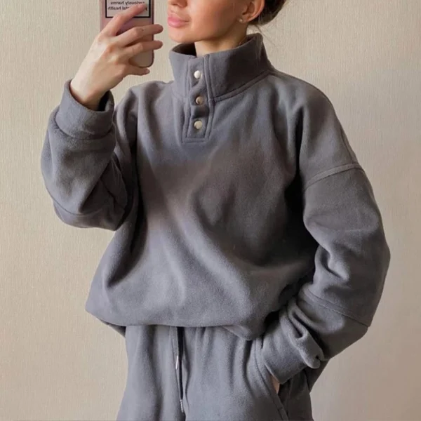 White Grey Fleece Button Neck Oversized Tracksuit White Grey Fleece Button Neck Oversized Tracksuit
