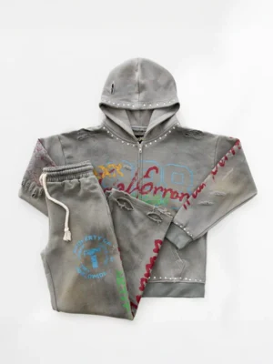 Grey Distressed Graffiti Studded Zip Up Hoodie Tracksuit