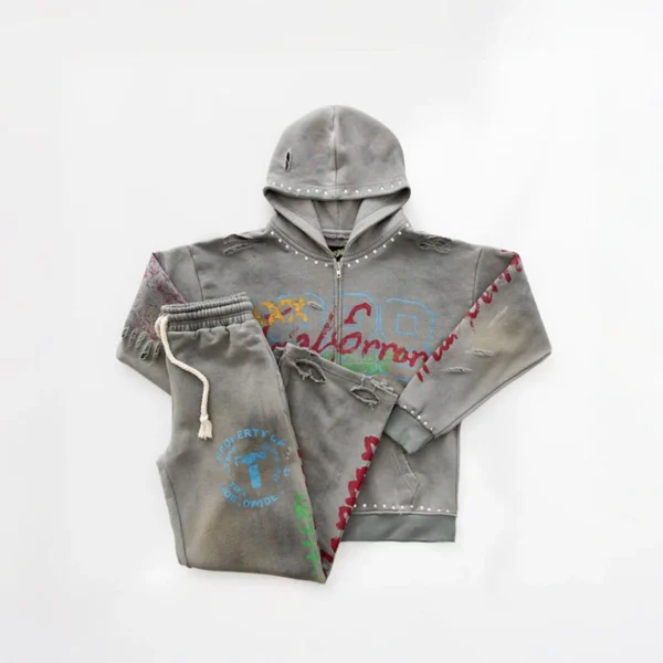 Grey Distressed Graffiti Studded Zip Up Hoodie Tracksuit Grey Distressed Graffiti Studded Zip Up Hoodie Tracksuit