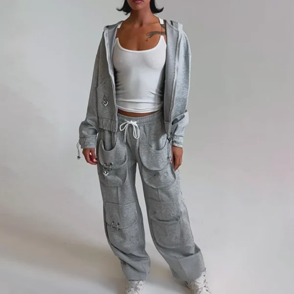 Heather Grey Cargo Pocket Zip Up Tracksuit