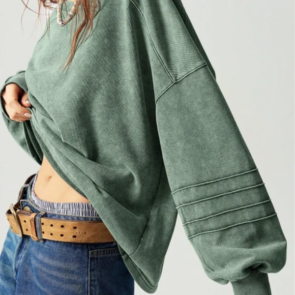 Washed Green Oversized Pleat-Sleeve Crewneck Sweatshirt