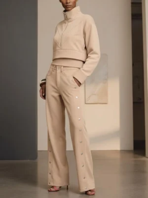 Beige Half-Zip High-Neck Cropped Sweatshirt Beige Half-Zip High-Neck Cropped Sweatshirt