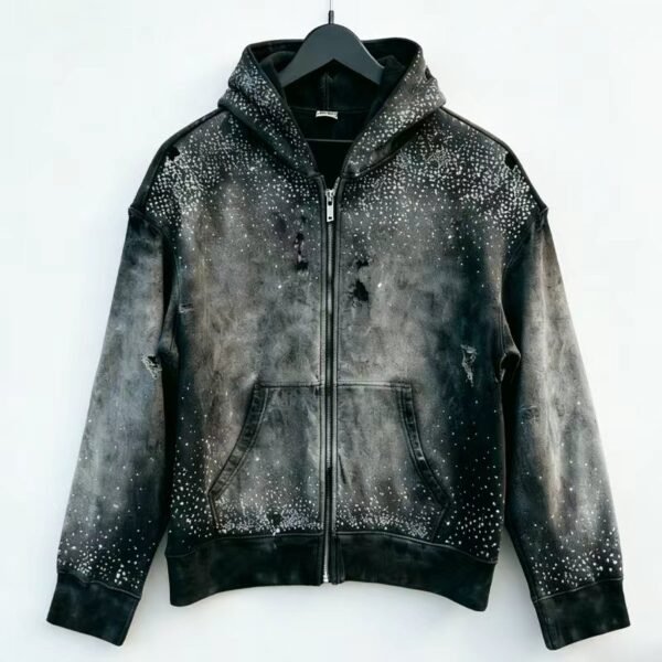 Black Distressed Zip Up Hoodie with Rhinestone Black Distressed Zip Up Hoodie with Rhinestone