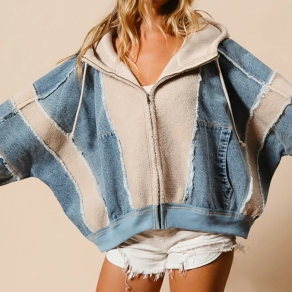 Denim Sherpa Hybrid Zip-Up Hoodie Jacket