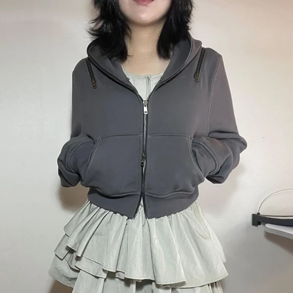 Grey Cropped Zip-Up Hoodie with Shoulder Cut-Outs Grey Cropped Zip-Up Hoodie with Shoulder Cut-Outs