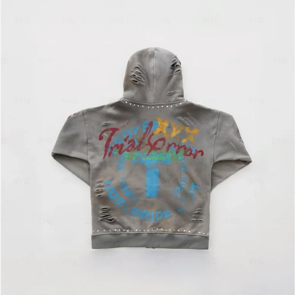 Grey Distressed Graffiti Studded Zip Up Hoodie Tracksuit Grey Distressed Graffiti Studded Zip Up Hoodie Tracksuit