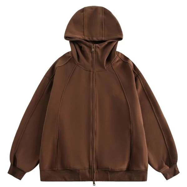 Grey Brown Oversized Balaclava Hood Zip Up Hoodie