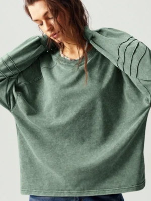 Washed Green Oversized Pleat-Sleeve Crewneck Sweatshirt