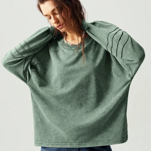 Washed Green Oversized Pleat-Sleeve Crewneck Sweatshirt