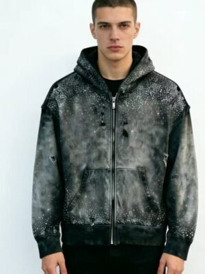 Black Distressed Zip Up Hoodie with Rhinestone