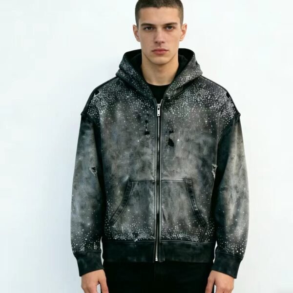Black Distressed Zip Up Hoodie with Rhinestone Black Distressed Zip Up Hoodie with Rhinestone