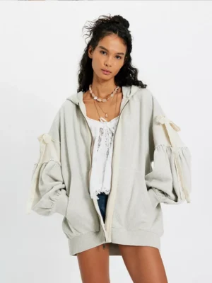 Heather Grey Lace-Up Balloon-Sleeve Zip-Up Hoodie