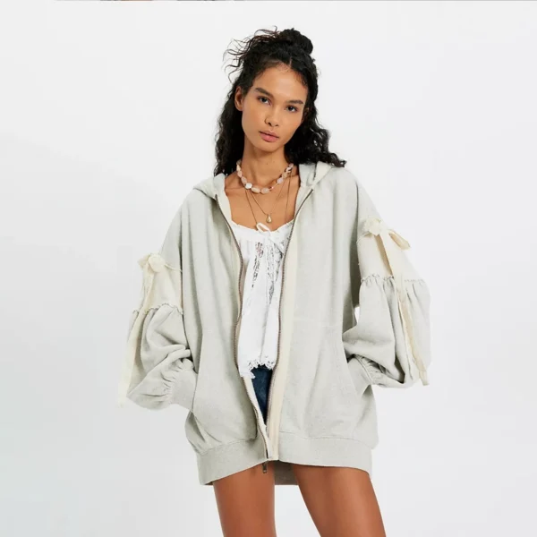 Heather Grey Lace-Up Balloon-Sleeve Zip-Up Hoodie
