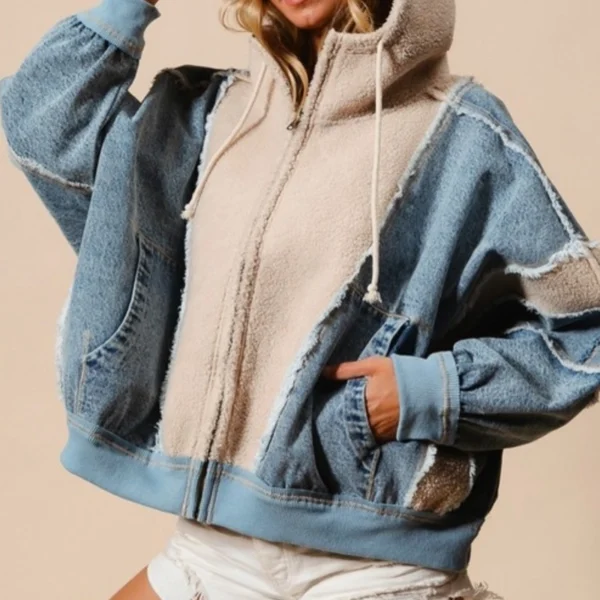 Denim Sherpa Hybrid Zip-Up Hoodie Jacket