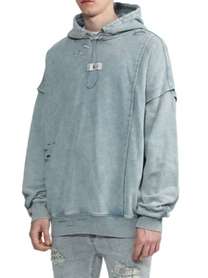 Light Blue Washed Distressed Pullover Hoodie