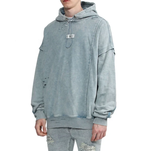 Light Blue Washed Distressed Pullover Hoodie Light Blue Washed Distressed Pullover Hoodie