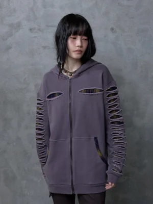 Purple Distressed Plaid-Lined Zip-Up Hoodie