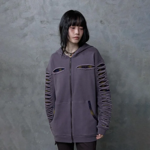 Purple Distressed Plaid-Lined Zip-Up Hoodie Purple Distressed Plaid-Lined Zip-Up Hoodie