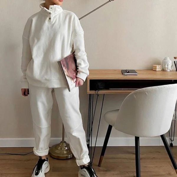 White Grey Fleece Button Neck Oversized Tracksuit White Grey Fleece Button Neck Oversized Tracksuit