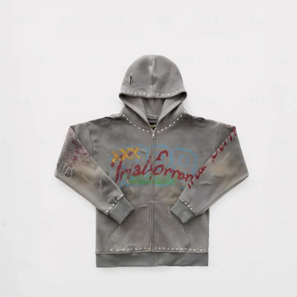 Grey Distressed Graffiti Studded Zip Up Hoodie Tracksuit Grey Distressed Graffiti Studded Zip Up Hoodie Tracksuit