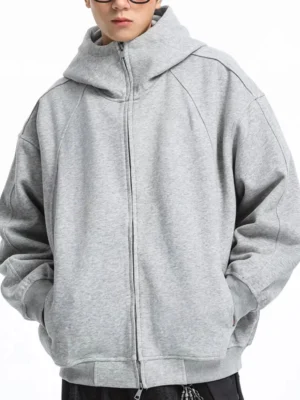 Grey Brown Oversized Balaclava Hood Zip Up Hoodie