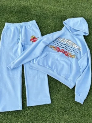 Light Blue Fire Print Hoodie Tracksuit for Women Streetwear Light Blue Fire Print Hoodie Tracksuit for Women Streetwear