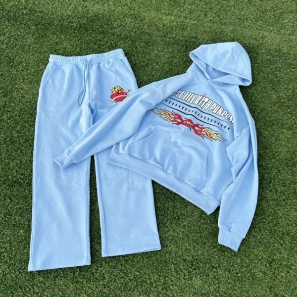 Light Blue Fire Print Hoodie Tracksuit for Women Streetwear Light Blue Fire Print Hoodie Tracksuit for Women Streetwear