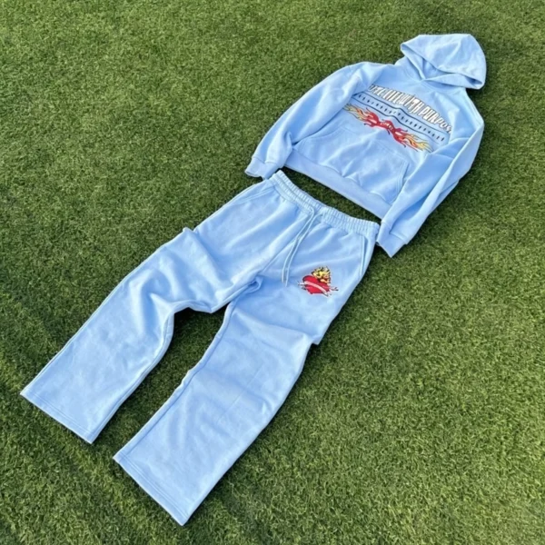 Light Blue Fire Print Hoodie Tracksuit for Women Streetwear Light Blue Fire Print Hoodie Tracksuit for Women Streetwear