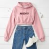 Pink Cropped Drawstring Hoodie Women Streetwear