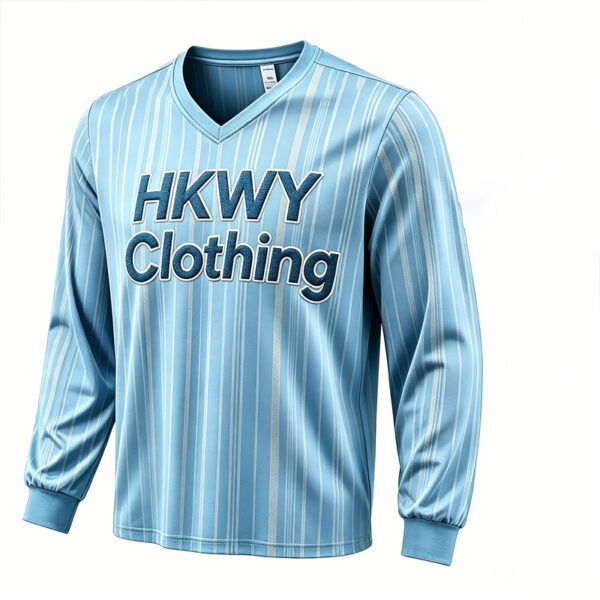 Light Blue Striped V-Neck Long Sleeve Shirt Men Streetwear