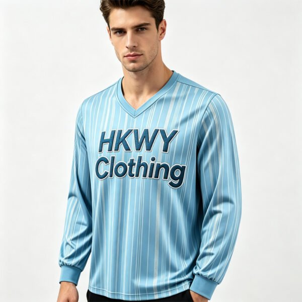 Light Blue Striped V-Neck Long Sleeve Shirt Men Streetwear