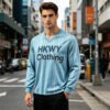 Light Blue Striped V-Neck Long Sleeve Shirt Men Streetwear