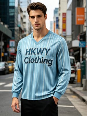 Light Blue Striped V-Neck Long Sleeve Shirt Men Streetwear Light Blue Striped V-Neck Long Sleeve Shirt Men Streetwear
