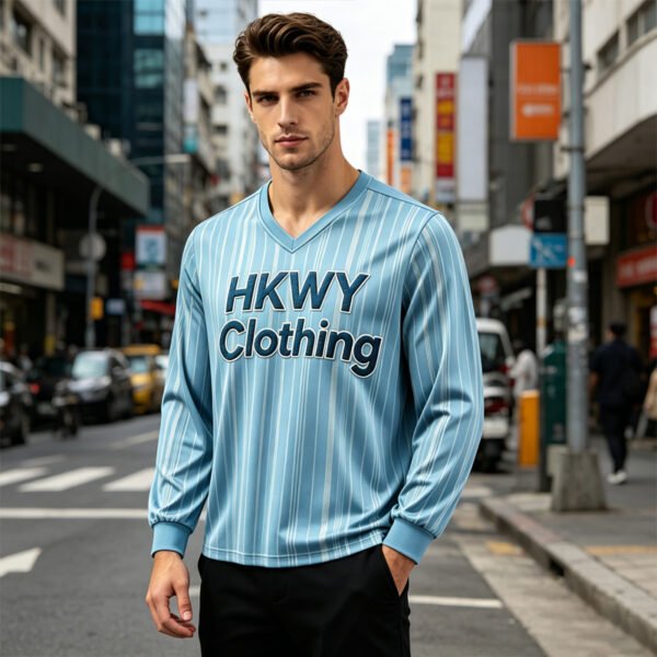 Light Blue Striped V-Neck Long Sleeve Shirt Men Streetwear