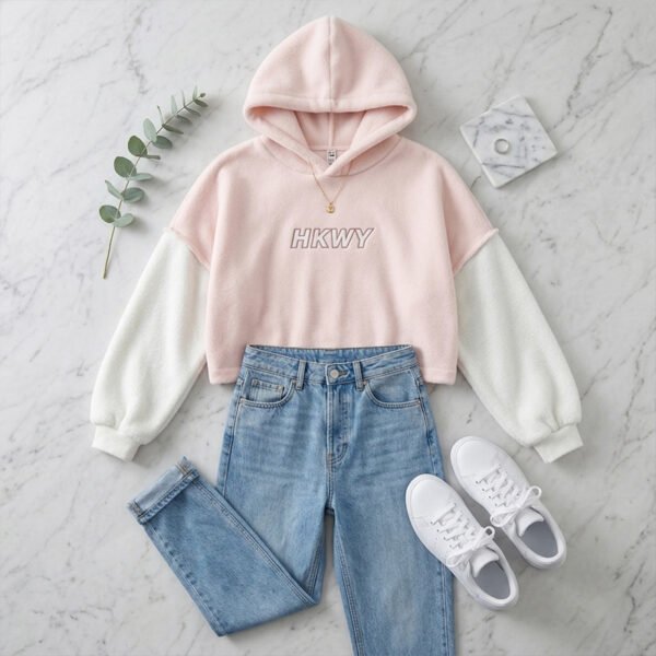 Pink White Colorblock Cropped Hoodie Pink White Colorblock Cropped Hoodie