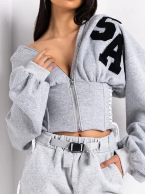 Grey Corset-Style Cropped Hoodie