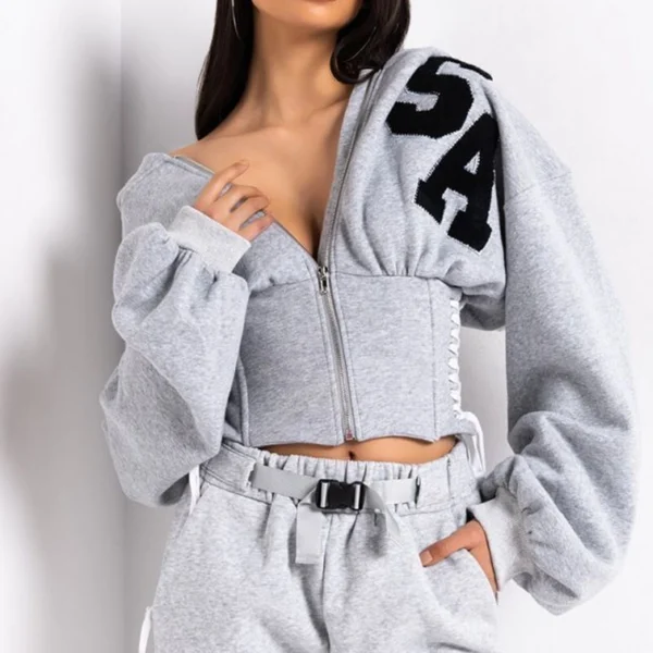 Grey Corset-Style Cropped Hoodie