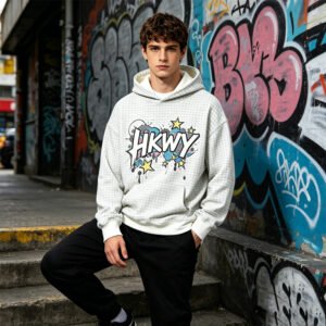 White Grid Graffiti Graphic Oversized Hoodie Streetwear