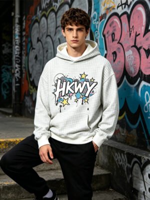 White Grid Graffiti Graphic Oversized Hoodie Streetwear White Grid Graffiti Graphic Oversized Hoodie Streetwear