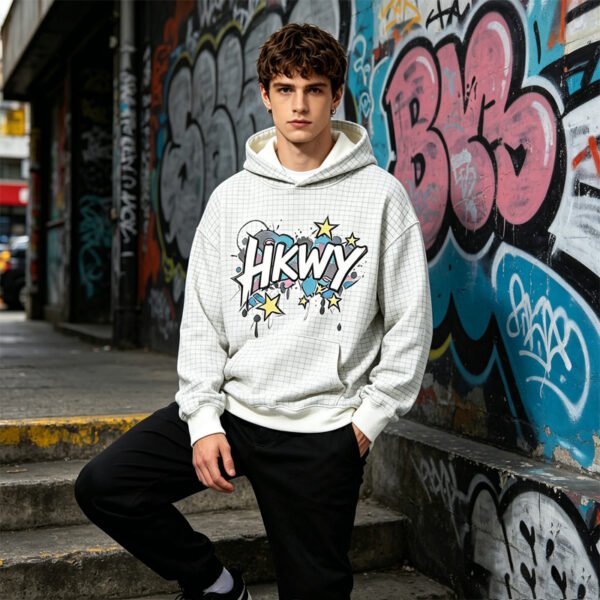 White Grid Graffiti Graphic Oversized Hoodie Streetwear White Grid Graffiti Graphic Oversized Hoodie Streetwear