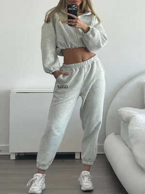 Waffle Knit Cropped 3-Piece Loungewear Set