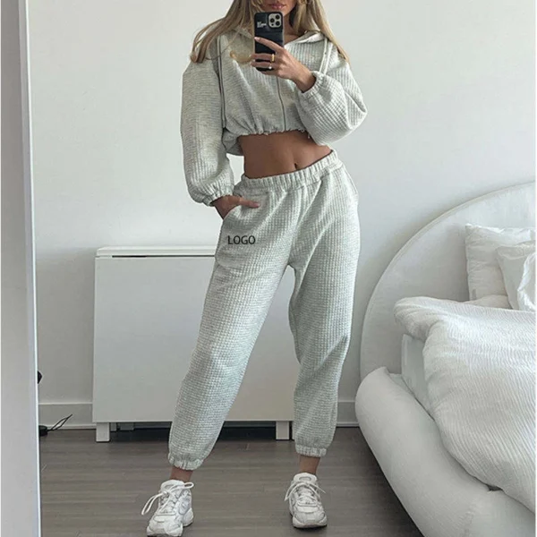 Waffle Knit Cropped 3-Piece Loungewear Set